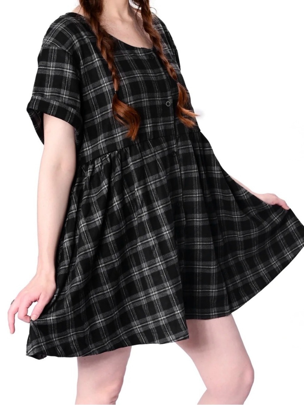 Foxblood Black Plaid Babydoll Short Sleeve Dress L